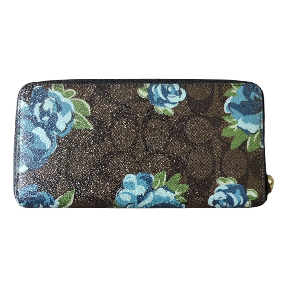 RARE Coach Brown and Blue Floral Wallet Authentic Dark Brown Signature Long‎ Zip - Picture 2 of 4